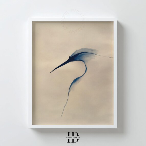 Minimalist Heron Wall Art Blue Water Bird Painting Modern Egret Silhouette Zen Coastal Decor For Calm Spaces