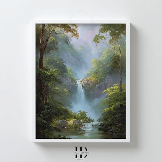Misty Jungle Waterfall Lush Tropical Rainforest Nature Scene Wall Poster
