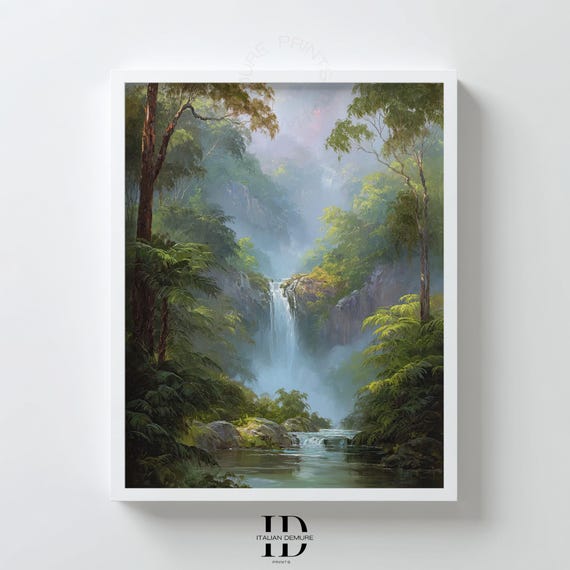 Tropical Waterfall Wall Art Misty Jungle Landscape Print Lush Rainforest River Scene Serene Nature Poster Decor