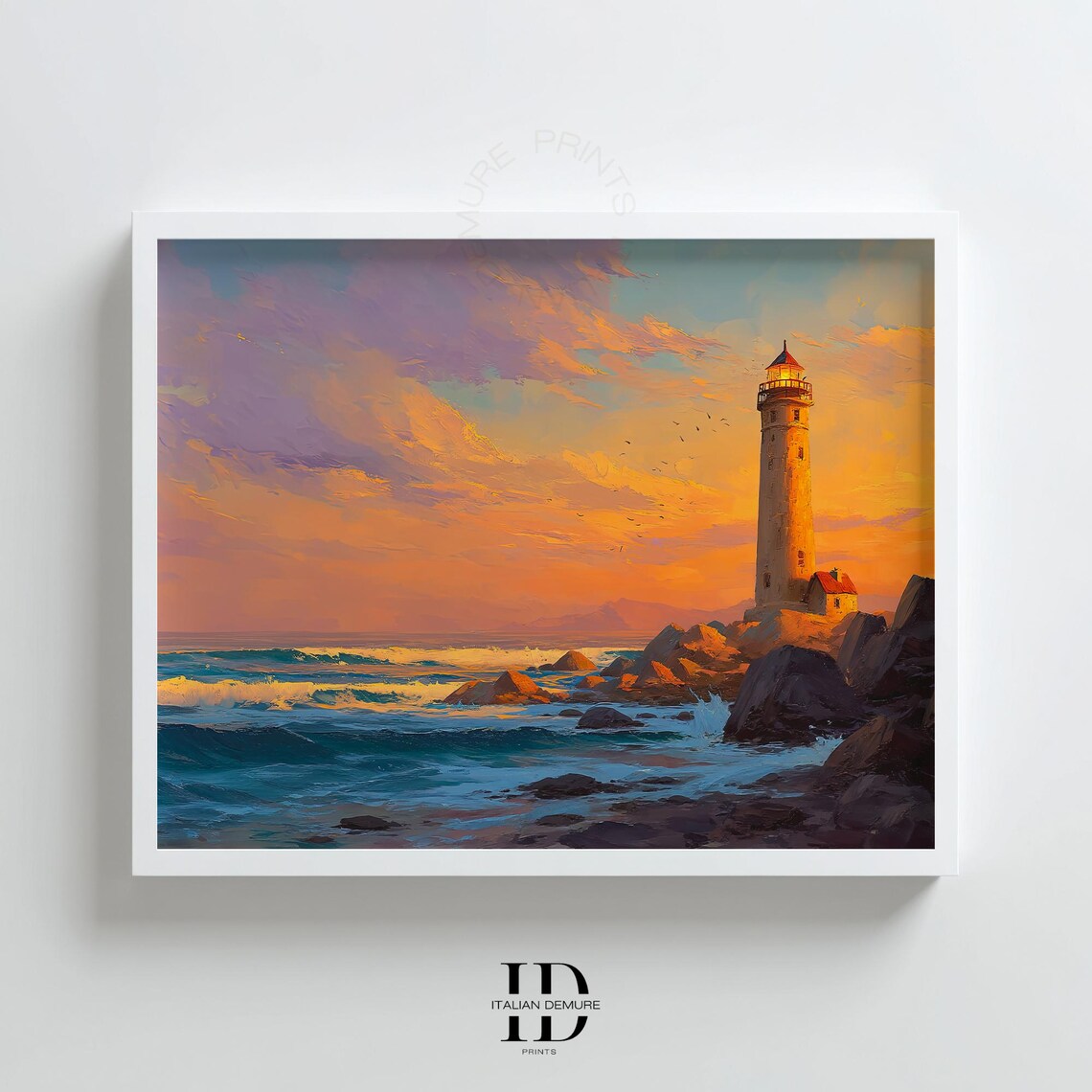 Lighthouse on Rocky Shore at Sunset Ocean Waves Seascape Painting Poster