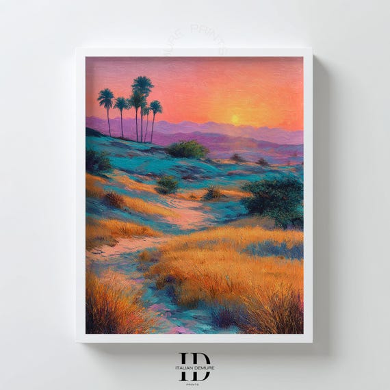Desert Sunset Wall Art Vibrant Palm Landscape Print Colorful Southwest Decor Painting Warm Evening Glow Poster