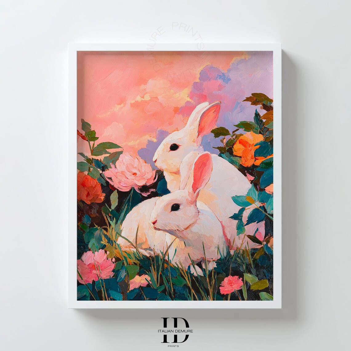 Two White Rabbits Flower Garden Pink Sunset Oil Painting Poster