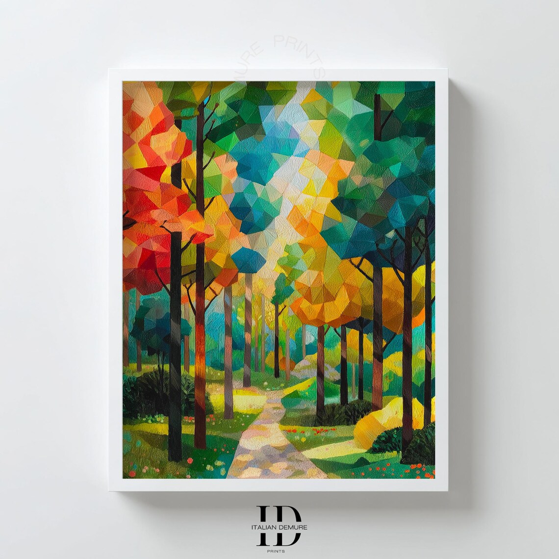 Geometric Forest Wall Art Colorful Abstract Landscape Print Polygon Nature Scene Modern Painting Autumn Path Decor