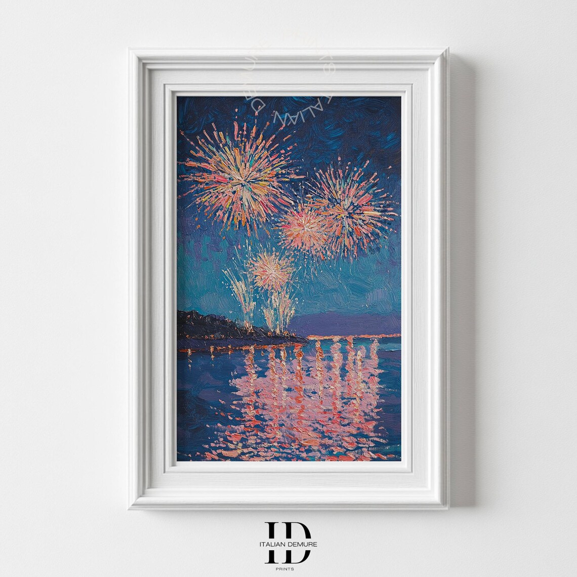 Fireworks Over Water Painting Festive Night Sky Wall Art Impressionist Celebration Print 4th Of July Decor