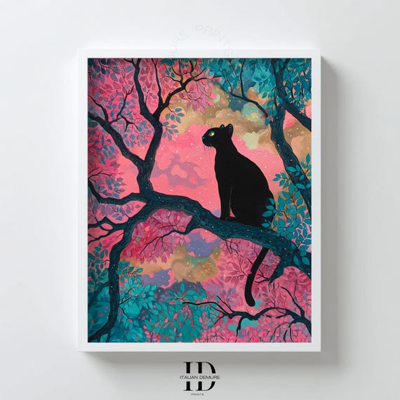 Black Cat Tree Branch Silhouette Pink Sky Whimsical Forest Art Print