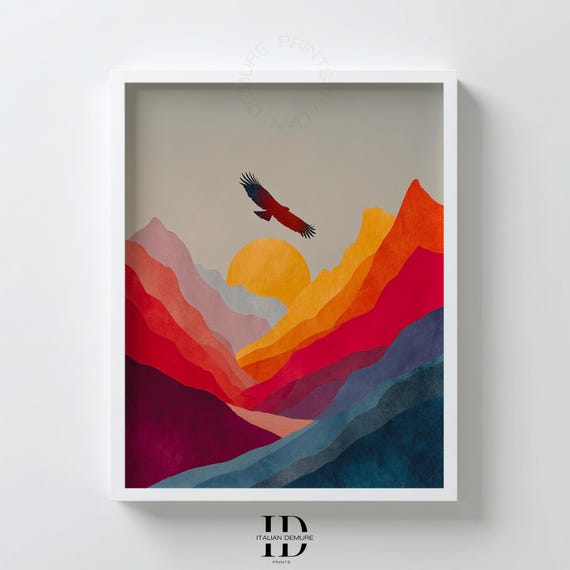 Sunset Mountain Landscape Wall Art Modern Minimalist Eagle Print Colorful Abstract Nature Poster Boho Home Decor