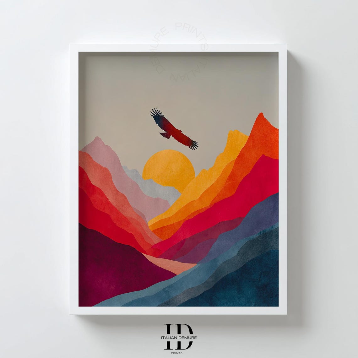 Soaring Bird Colorful Mountain Sunset Abstract Landscape Art Poster