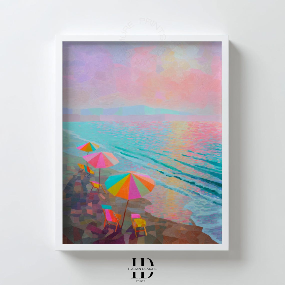 Pastel Beach Sunset Colorful Umbrellas Shoreline Beach Art Poster