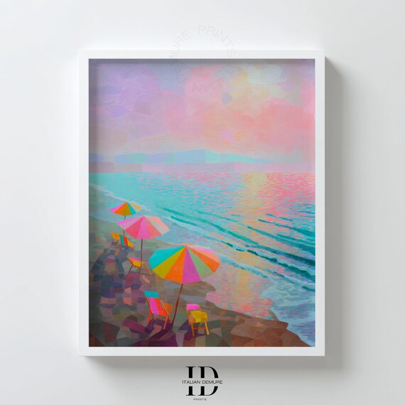 Pastel Beach Sunset Colorful Umbrellas Shoreline Beach Art Poster