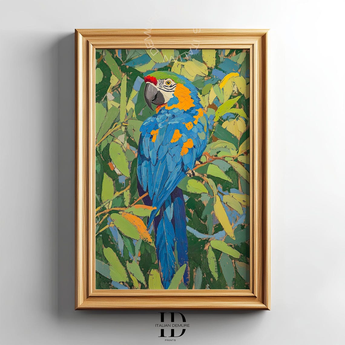Blue and Gold Macaw in Tropical Foliage Vibrant Bird Art Poster