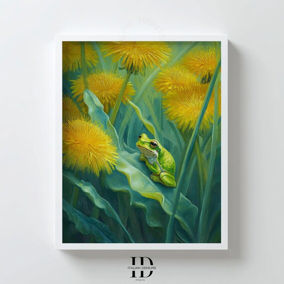 Green Frog Among Yellow Dandelions Botanical Nature Art Print