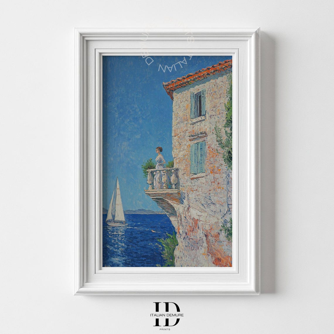 Mediterranean Balcony Woman Seaside Villa Oil Painting Poster