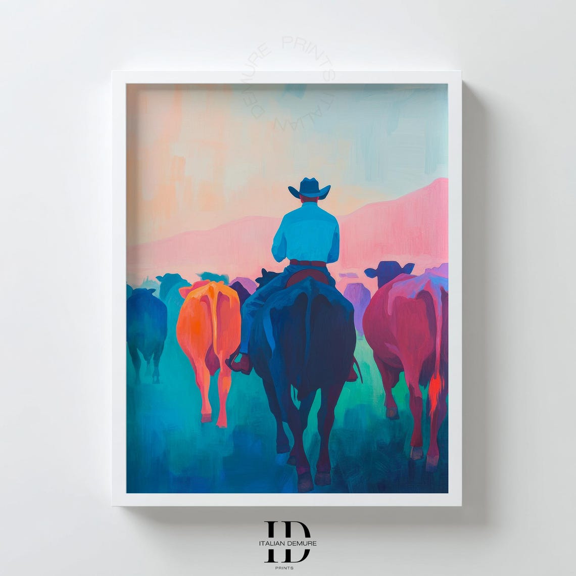 Cowboy Herding Cattle Sunset Colorful Western Ranch Painting Poster