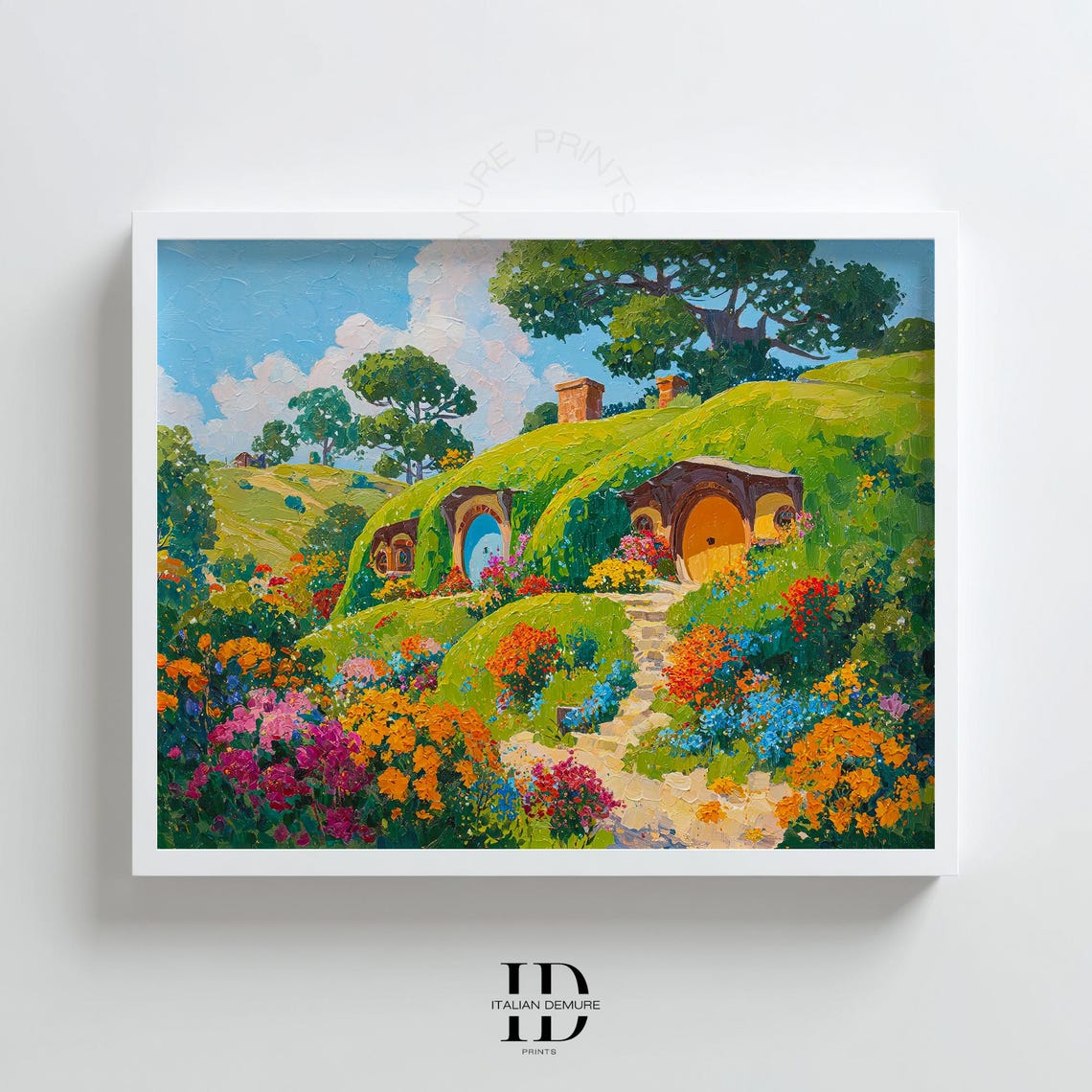 Hobbit Village Round Doors Flower Garden Fantasy Hills Art Print