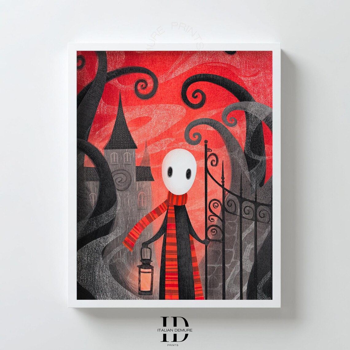 Gothic Halloween Wall Art Whimsical Lantern Print Red Night Castle Illustration Spooky Nursery Decor Poster