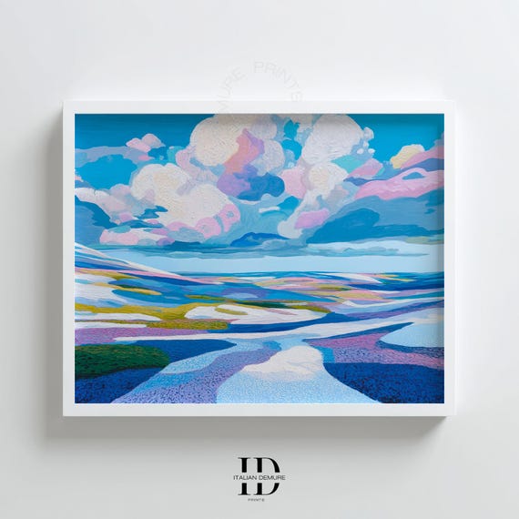 Colorful Landscape Wall Art Vibrant Abstract Nature Scene Print Rolling Fields And Pastel Clouds Modern Impressionist Painting