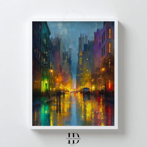 Rainy Cityscape Wall Art Vibrant Urban Street Lights Print Modern Watercolor Canvas Abstract Night Scene Poster