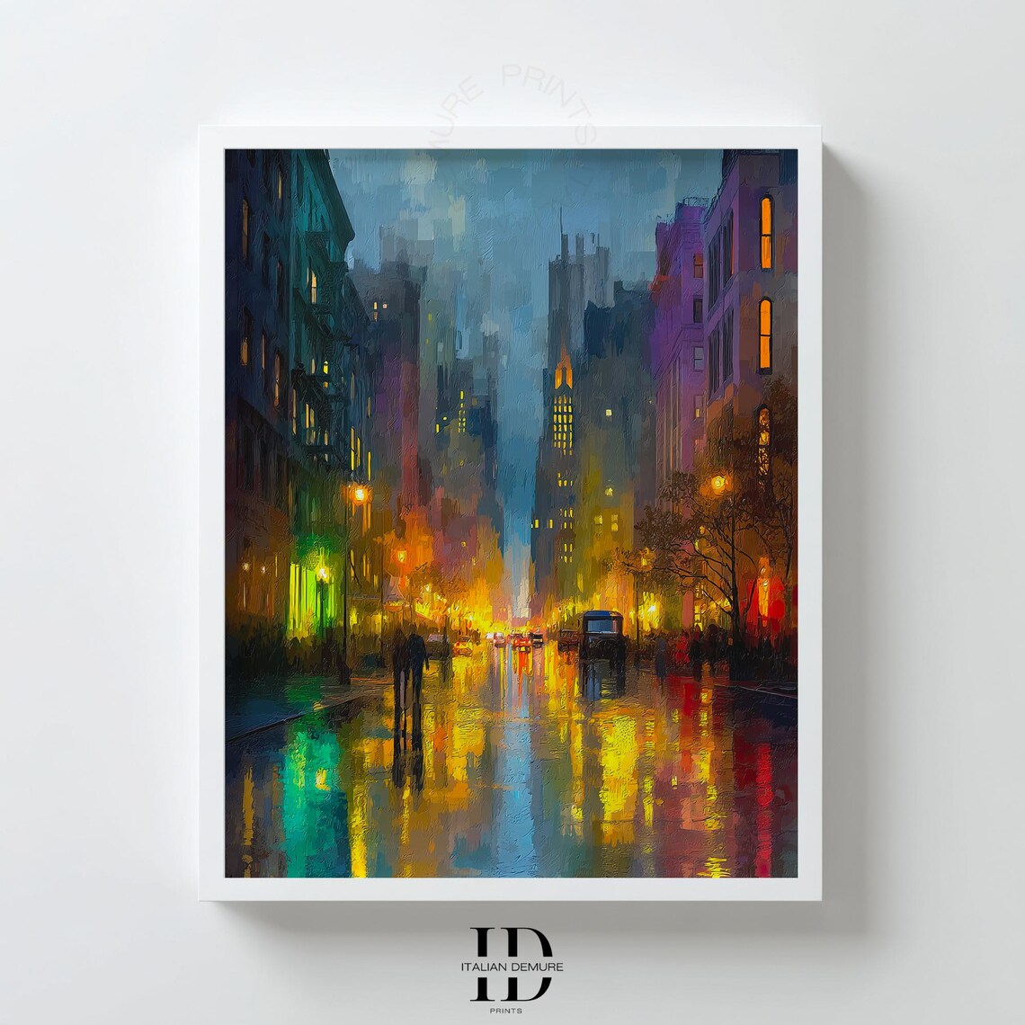 Urban Rainy City Street Night Lights Glowing Watercolor Art Print
