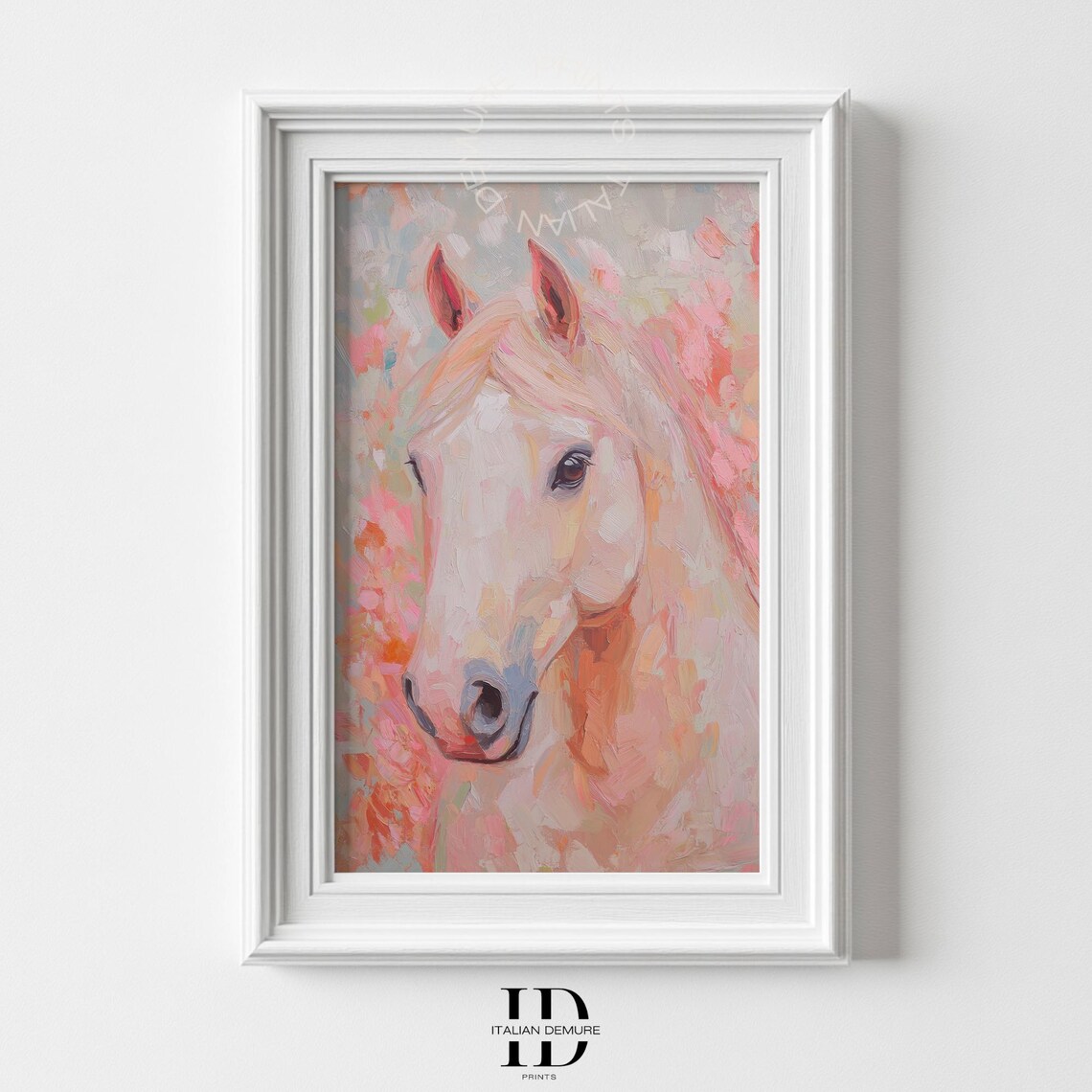 White Horse Pastel Equestrian Portrait Soft Pink Floral Art Print