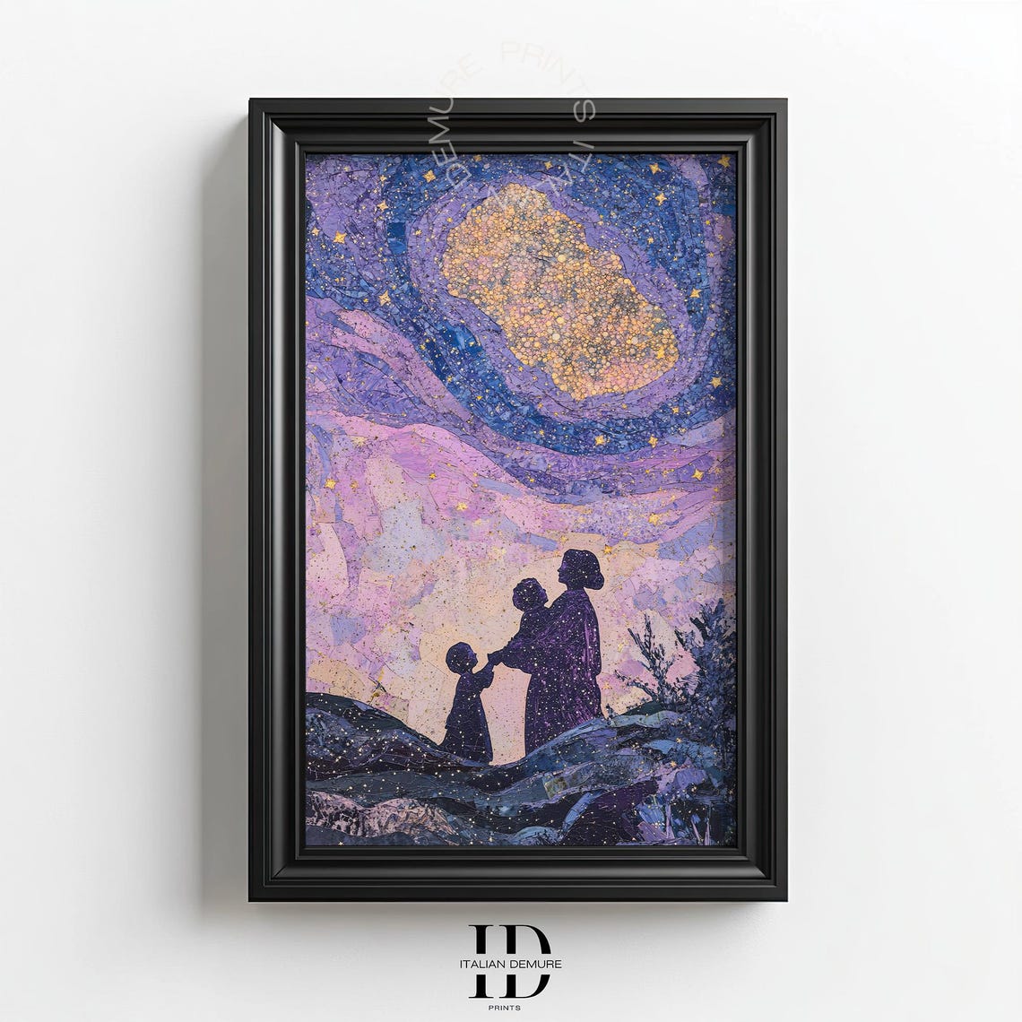 Family Stargazing Under Golden Galaxy Mosaic Night Sky Poster