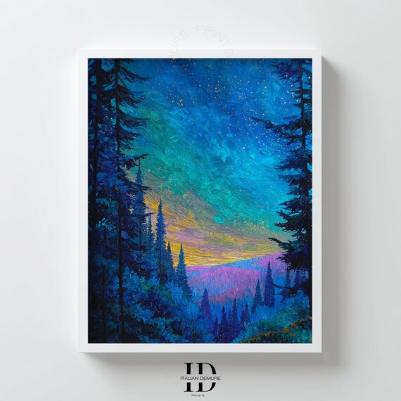 Starry Night Forest Wall Art Mountain Landscape Print Teal Blue Aurora Sky Impressionist Modern Living Room Poster
