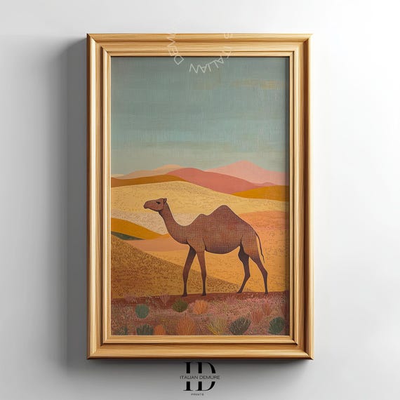 Desert Camel Art Print Boho Wall Minimalist Landscape Warm Earthy Tones Artwork Decor