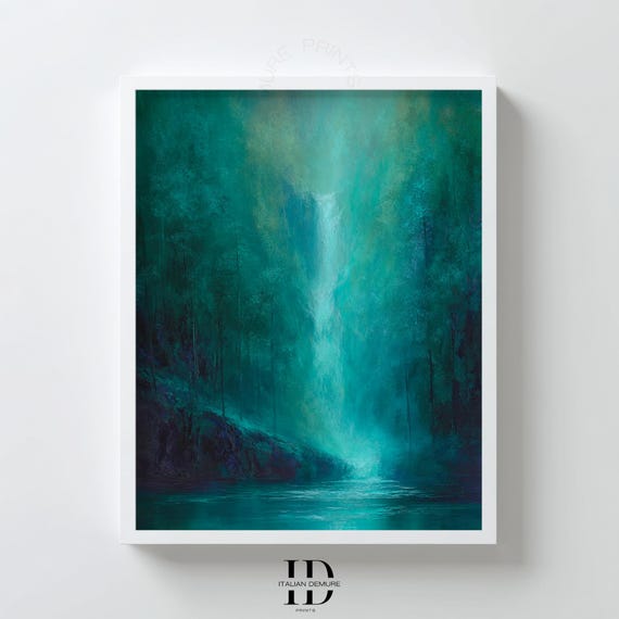 Teal Waterfall Wall Art Misty Forest Painting Moody Nature Landscape For Tranquil Bedroom Decor