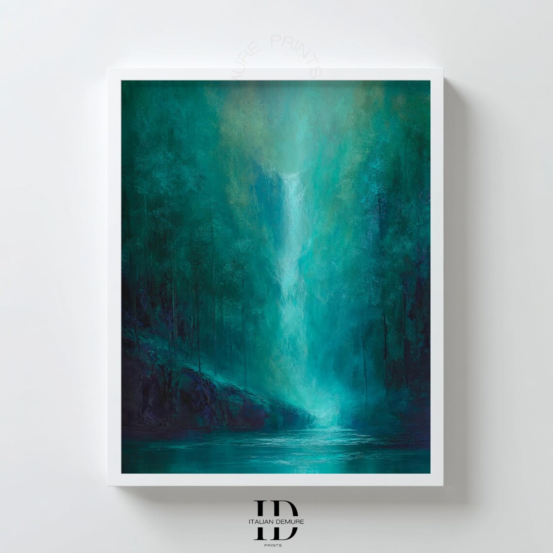Teal Waterfall Flowing Through Misty Emerald Forest Dreamy Art Print