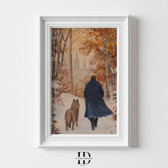 Mysterious Wanderer Wolf Art Autumn Forest Painting Medieval Fantasy Journey Print Storybook Wall Decor
