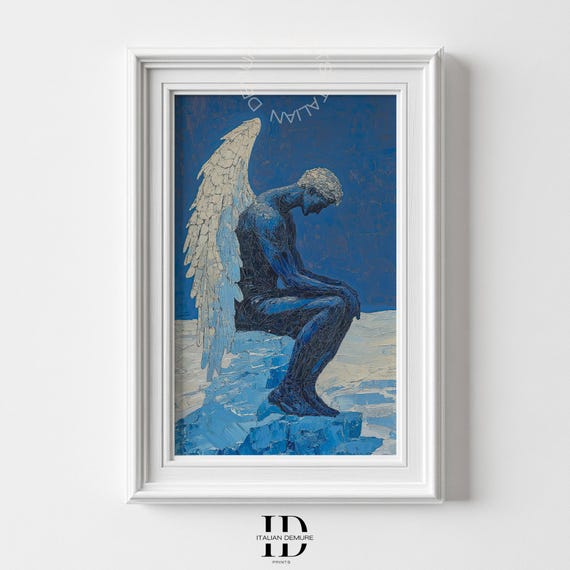 Melancholic Blue Angel Art Textured Painting Modern Winged Figure Wall Print Abstract Surreal Angelic Decor Lucifer