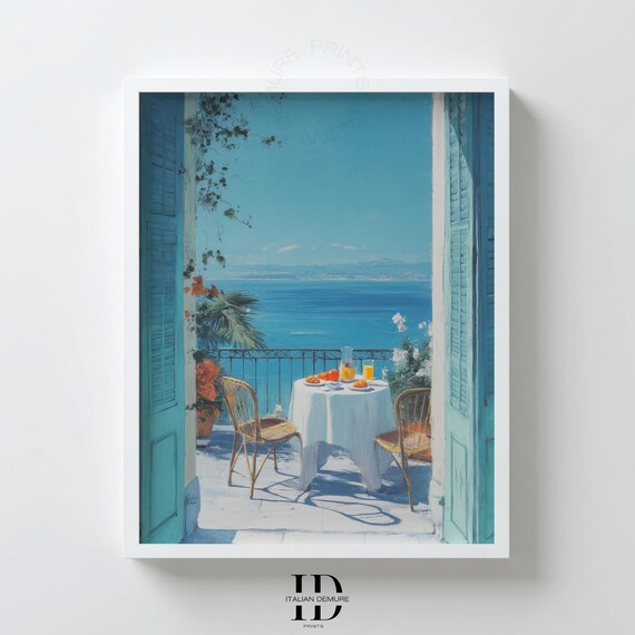 Mediterranean Balcony Breakfast Ocean View Blue Shutters Art Poster