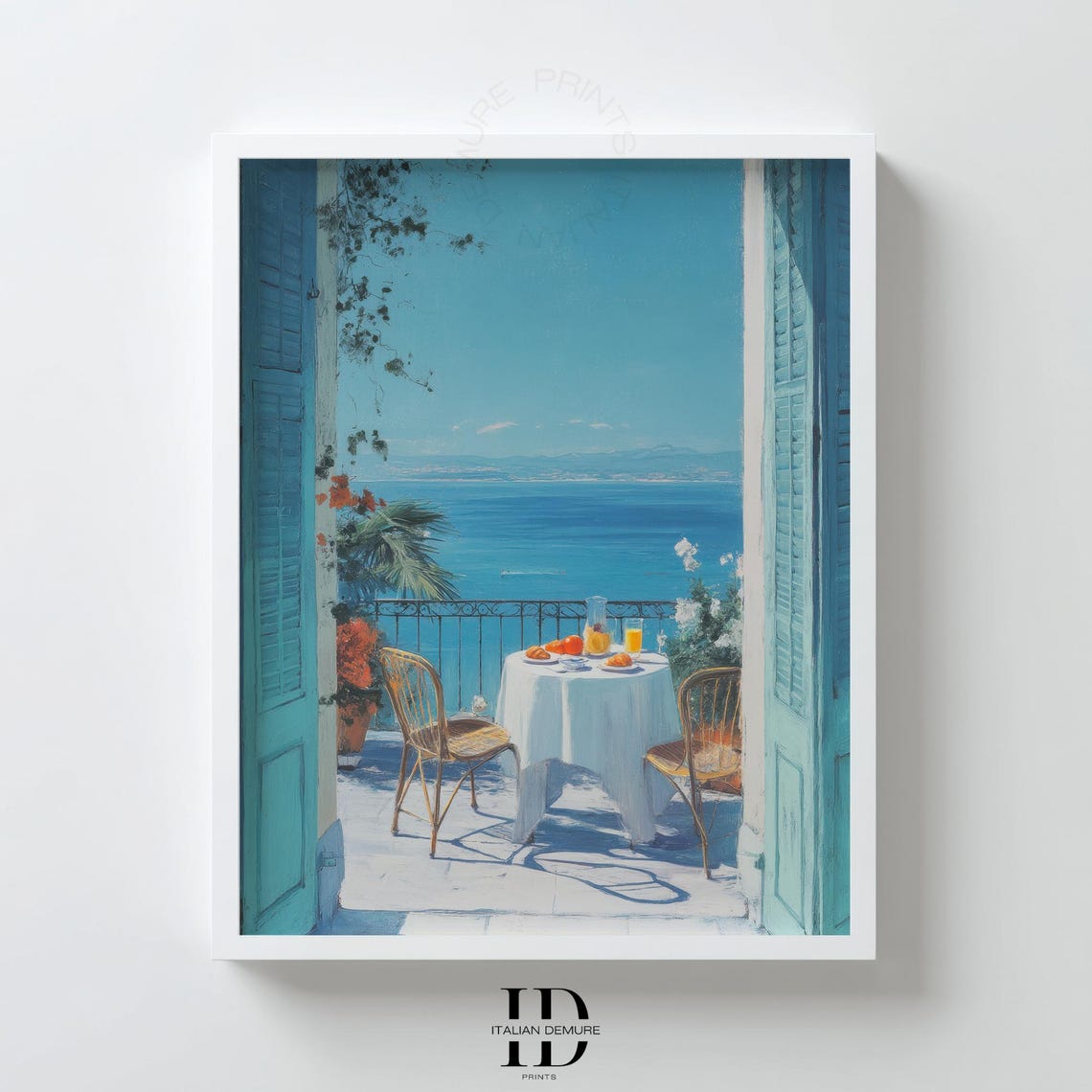 Mediterranean Balcony Breakfast Ocean View Blue Shutters Art Poster