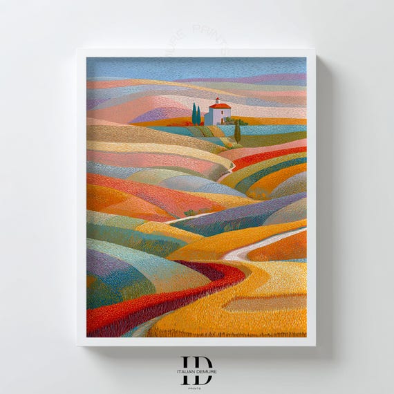 Tuscany Landscape Wall Art Colorful Rolling Hills Print Abstract Countryside Painting Modern Farmhouse Decor Poster