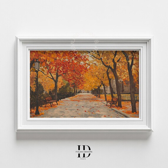 Autumn Park Path Print Fall Foliage Painting Golden Leaves Empty Benches Cozy Impressionist Landscape Wall Art