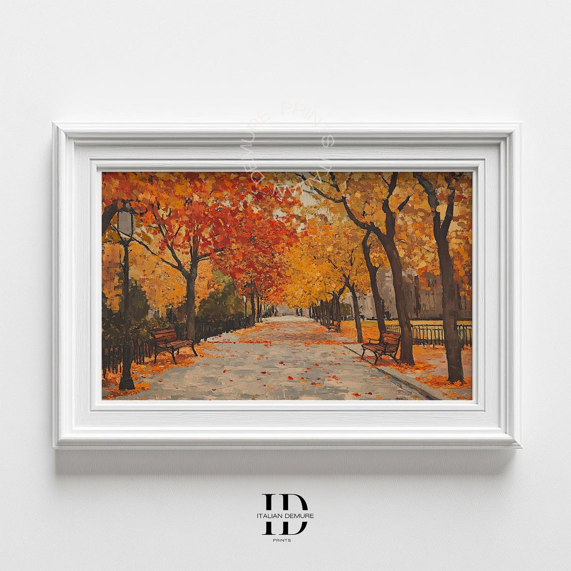 Autumn Park Avenue Benches Falling Leaves Oil Painting Poster