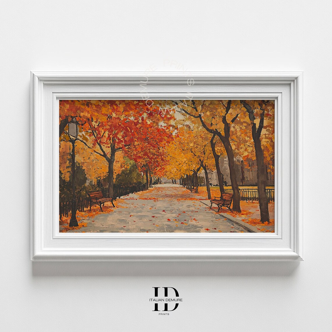 Autumn Park Path Print Fall Foliage Painting Golden Leaves Empty Benches Cozy Impressionist Landscape Wall Art