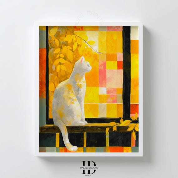 Autumn Cat Wall Art White Print By Window Modern Abstract Mosaic Warm Yellow Orange Decor Stained Glass Style