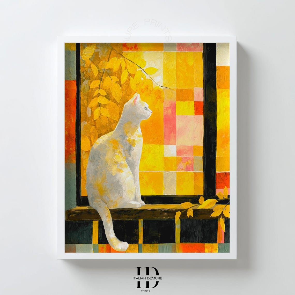 White Cat on Windowsill with Golden Autumn Mosaic Light Art Poster