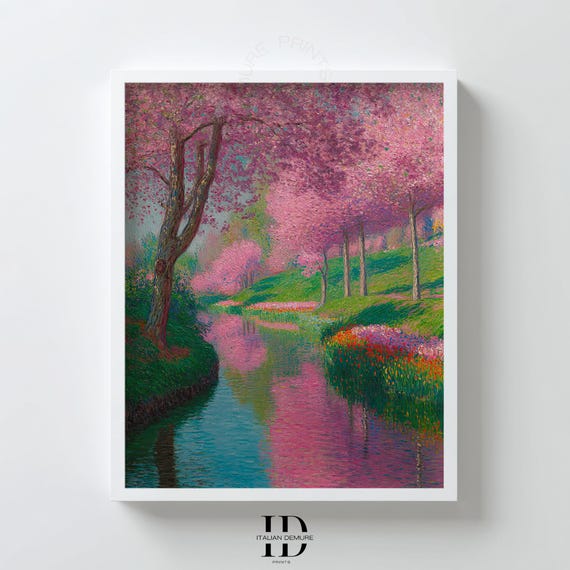 Cherry Blossom Landscape Print Impressionist River Artwork Pink Nature Wall Art Floral Garden Scene For Living Room