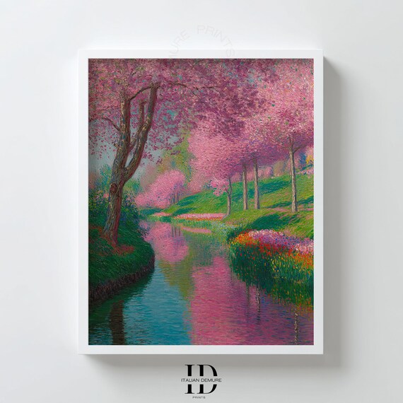 Cherry Blossom River Landscape Impressionist Spring Trees Wall Art