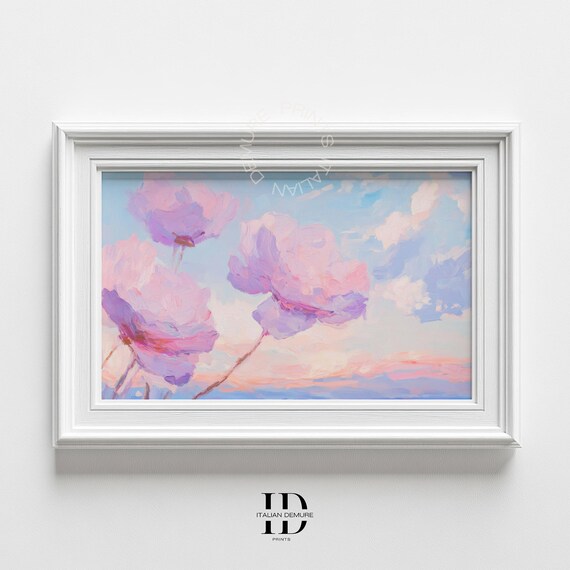 Pastel Floral Wall Art Impressionist Flower Painting Dreamy Sky Blossoms Print Romantic Botanical Decor Pink Blue