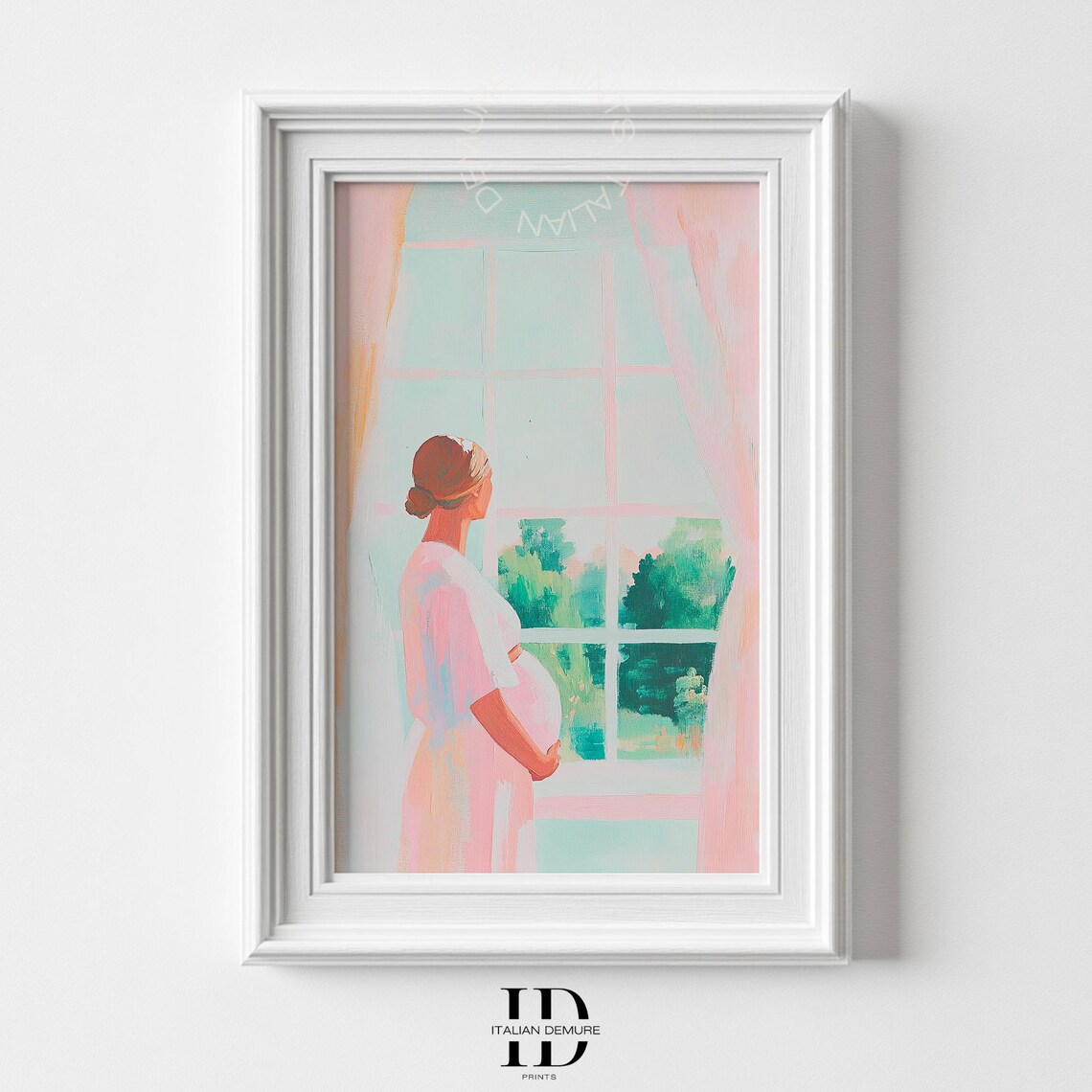 Soft Pregnant Woman Window Tender Pink Maternity Painting Poster