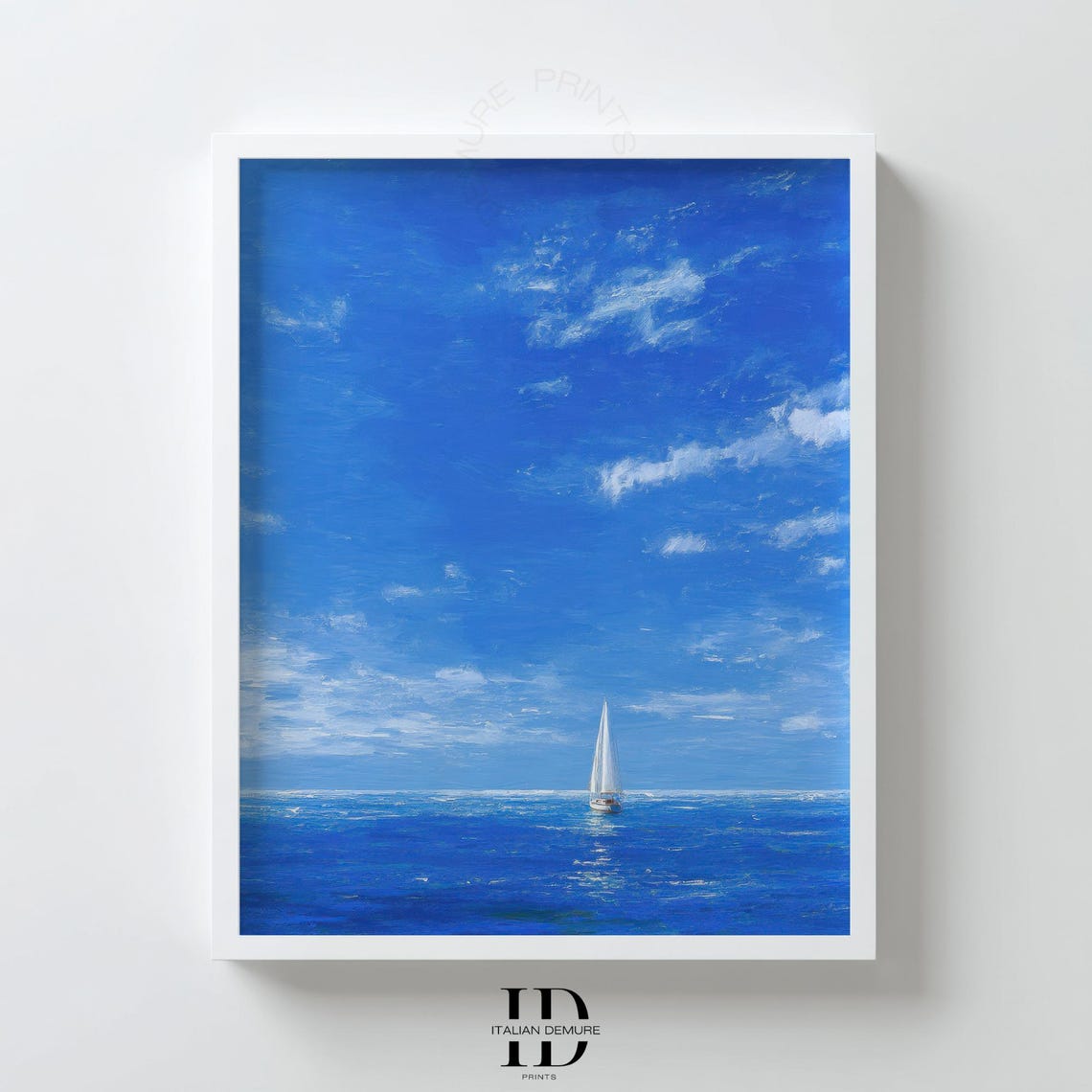 Lone Sailboat on Vast Blue Ocean Under Endless Sky Minimalist Poster