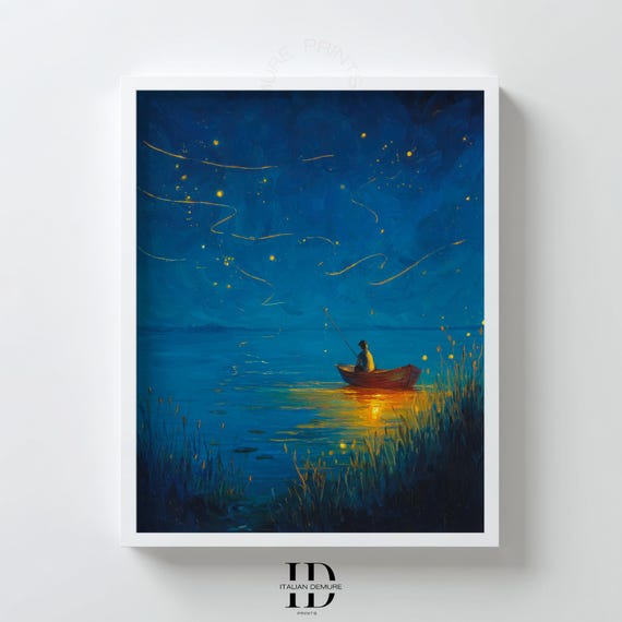Starry Night Fishing Wall Art Blue Lake Landscape Print Magical Sky Poster Boat Painting For Bedroom Decor