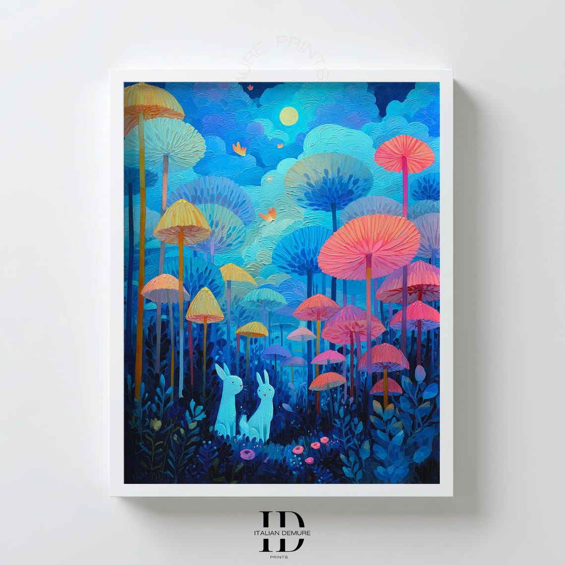White Bunnies In Glowing Mushroom Forest Night Fantasy Poster