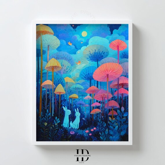Whimsical Mushroom Forest Wall Art Fantasy Bunny Print Dreamy Night Sky Poster Magical Nature Decor Colorful Artwork