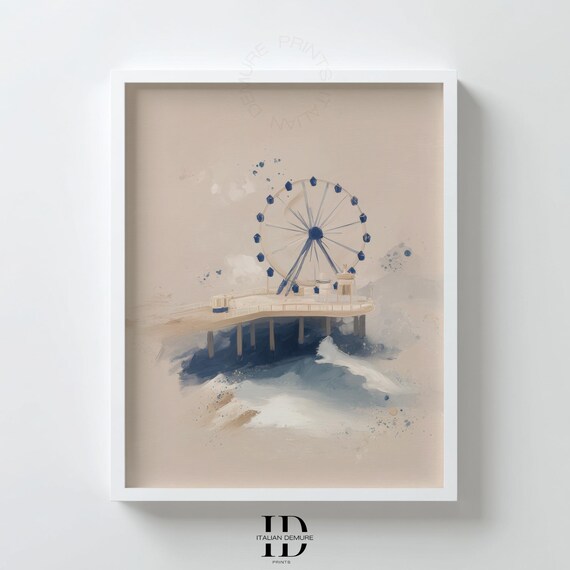 Beach Ferris Wheel Wall Art Coastal Pier Amusement Park Print Minimalist Seaside Painting Ocean Boardwalk Decor
