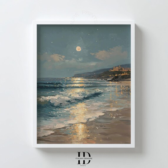 Moonlit Coastal Night Seascape Moon Ocean Beach Lights Vintage Poster