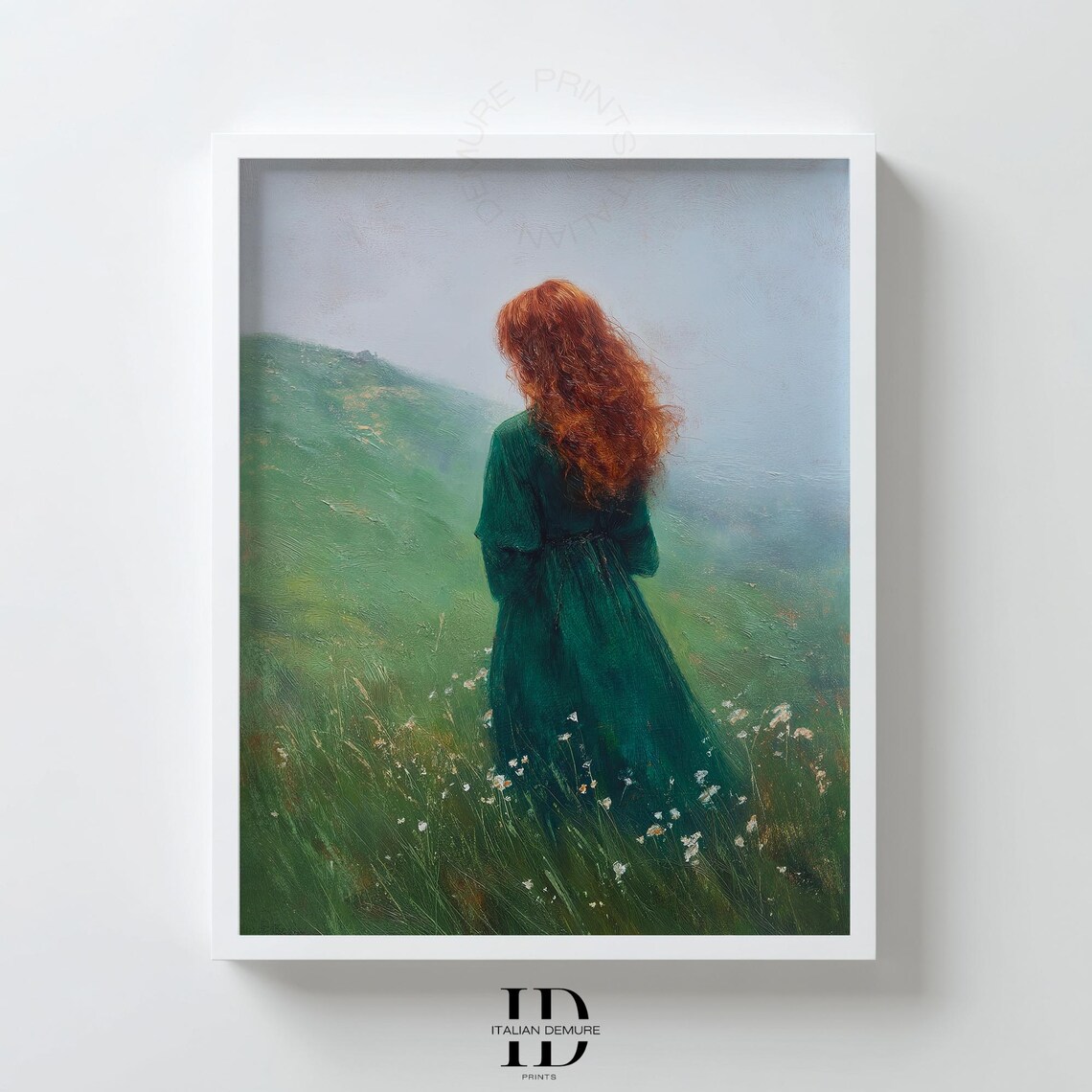 Red Haired Woman Green Dress Misty Meadow Romantic Solitude Wall Poster