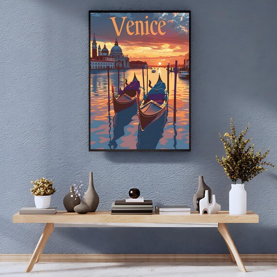 Venice Gondola Sunset Vintage Travel Poster With Canal Scene
